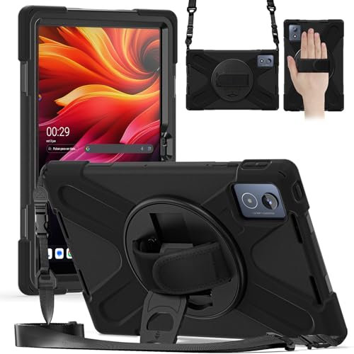 Coque pour Lenovo K11 Plus 2025/K11 2024 11,5, avec béquille rotative à 360 degrés avec dragonne et bandoulière, robuste et résistante aux chocs (noir)