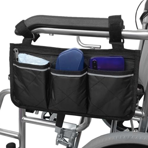 Borsa per sedia a rotelle, con 3 scomparti, per sedia a rotelle, con braccioli riflettenti, con portabottiglie, tasca laterale per braccioli, per walker, mobility scooter, deambulatori