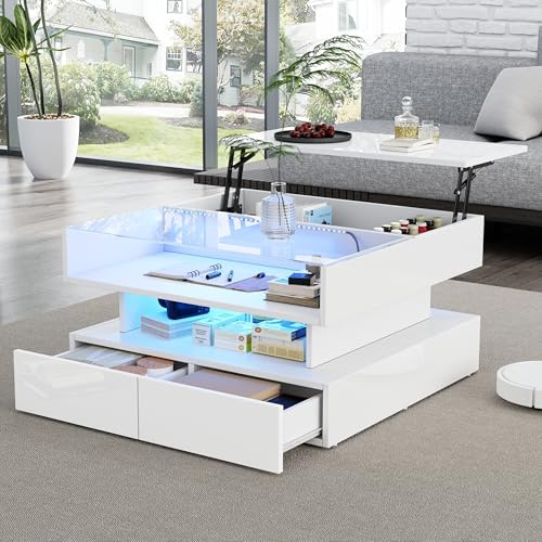 Lcoho 80x80x45cm Couchtisch Höhenverstellbarer Kaffeetisch mit Verstecktem Stauraum und 2 Schubladen,Hochglanz-Wohnzimmer-Beistelltisch,Wohnzimmertisch aus gehärtetem Glas (Weiß)