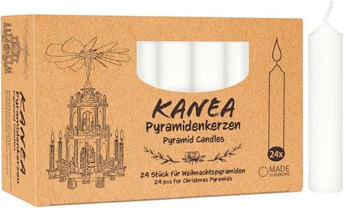 KANEA 24er Pack Pyramidenkerzen - Weihnachtskerzen für Pyramiden | Weihnachtspyramiden Baumkerzen aus Wachs - Christbaumkerzen 7 cm groß, 14 mm Ø - Weiß