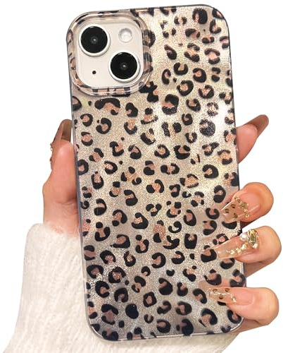 TQLGY for iPhone 14 Plus/iPhone 15 Plus Case, Cute Leopard Print Phone Case Glitter Shiny Shockproof Protective Bumper Cover for Women Girls, Gold