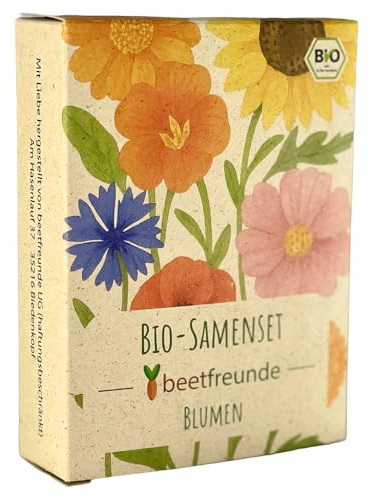 Bio-Samenset Blumen mit 8 Sorten – 8 samenfeste Sorten (Ringelblume, Sonnenblume, Kornblume, Kapuzinerkresse, Roter Klatschmohn, Cosmea, Tagetes, Sommerblumenmischung)