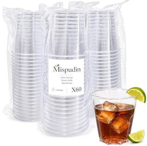 Mispudin 60Pcs 180ml Clear Plastic Cups Reusable Cocktail Tumblers Party | Crystal-Clear Hard Plastic Glasses, Wine, Whisky, Gin, Drinking, Juices, Mocktails, Party, Birthday, BBQ, Picnic
