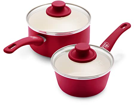 GreenLife Soft Grip Healthy Ceramic Nonstick, 1QT and 2QT Saucepan Pot Set with Lids, PFAS-Free, Dishwasher Safe, Red