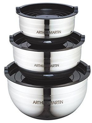 ARTHUR MARTIN Set de 3 saladiers avec couvercle en plastique noir 16-20-24 cm AM48
