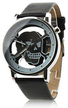 FENKOO Damen Modeuhr Quartz PU Band Armbanduhr/Totenkopf Schwarz/Weiß/Rosa (schwarz)