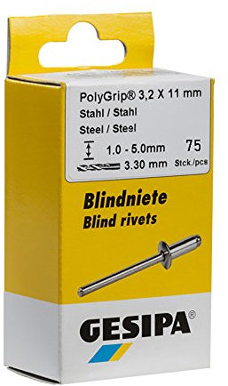 Gesipa Blindniete PolyGrip 75 Stück (A2 Edelstahl 3,2x11, Nietschaft-ø 3,2 mm, Scherkraft 1450 N, Zugkraft 2300 N, Flachrundkopf) 1464830