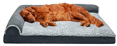 FurHaven XL Memory Foam Dog Bed Two-Tone Faux Fur & Suede L Shaped Chaise w/Removable Washable Cover - Stone Gray, Jumbo