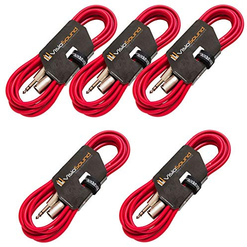 VisioSound 5 x Male XLR to 6.35mm Stereo TRS Jack Lead/Balanced Signal/Audio Patch Cable (Red, 6m, Pack of 5)