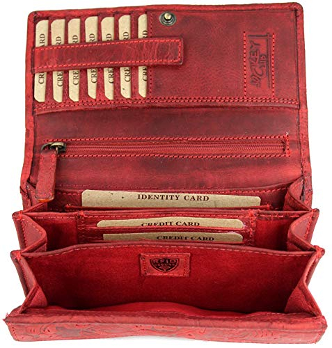 Belli hochwertige Vintage Leder Damen Geldbörse Portemonnaie langes großes Portmonee Geldbeutel aus weichem Leder in Petrol Gemustert - 17,5x10x4cm (B x H x T) (Rot Gemustert)