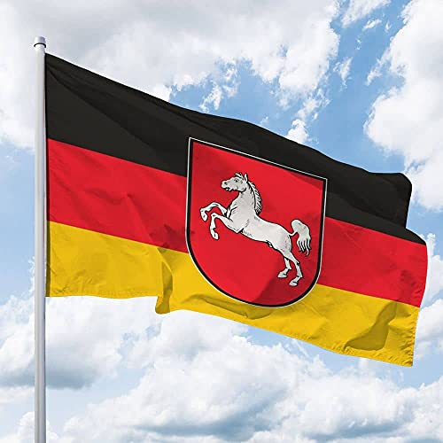 Niedersachsen Flagge 200 x 120 cm – für Fahnenmast, Niedersachsen Fahne mit Wappen, aus reißfestem Polyester, wetterfest und UV-beständig