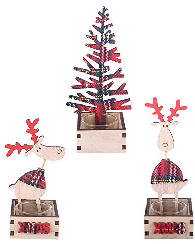 Omenluck 3 Stück Holzflicken Kerzenhalter Weihnachten Elch Glas Kerze Ornamente Festliche Dekoration Kinder Geschenk