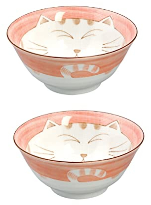 JapanBargain 2482, Japanese Porcelain Soup Bowl for Dinner Lunch Rice Poke Donburi Udon Ramen Noodle Pasta Cereal Maneki Neko Smiling Lucky Cat Pattern for Cat Lovers Made in Japan, 6-inch, Set of 2