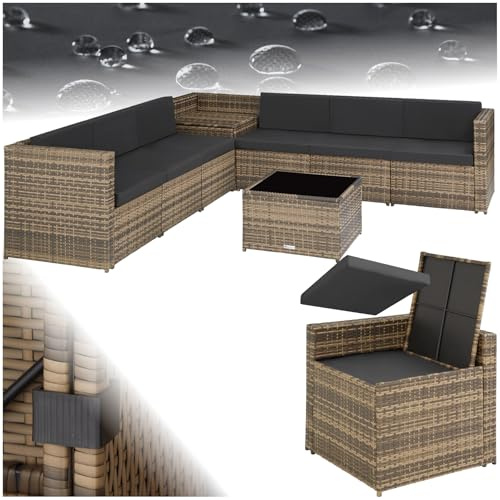 tectake® Salon de Jardin Exterieur en Rotin 6 Places en Resine Tressee Modulable 6 Fauteuil Jardin Coffre de Rangement et Table en Verre Inclus pour Amenagement Balcon Terrasse – Marron Naturel