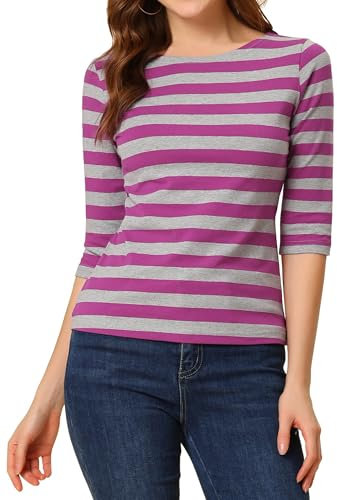 Allegra K T-Shirt À Rayures Coupe Ajustée À Manches 3/4 de Noël pour Femmes Rose Rouge M