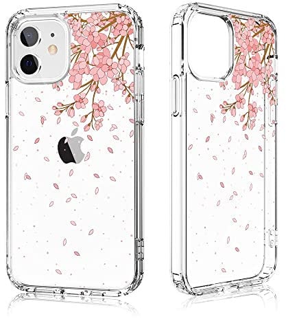 Losvick iPhone 12 Case, iPhone 12 Pro Case, Floral Flower Transparent Design Pattern Hybrid Back Hard PC + Shockproof TPU Bumper Case iPhone 12/12 Pro-6.1 Inch Peach Blossom Rain