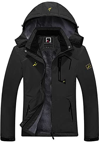 R RUNVEL Womens Waterproof Coat Winter Warm Fleece Ski Jacket with Hood Windproof Camping Hiking Coat Outdoor Mountain Walking Skiing Jackets and Coats Black UK 14