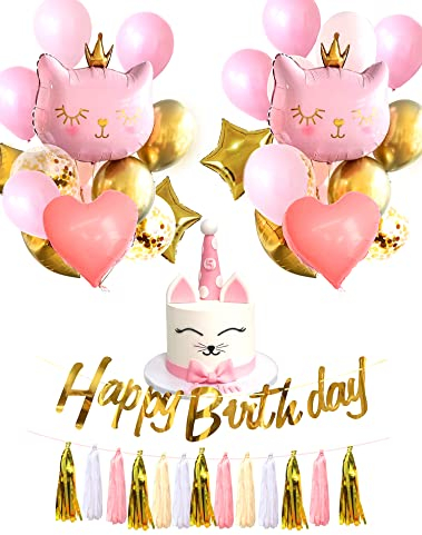 Regendeko Happy Birthday Pink Katzen Geburtstagsdeko Tier Kindergeburtstag Geburtstag MädchenDeko Luftballon Girlande Konfetti Luftballons Party Deko (rosa Katze)