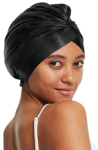 LilySilk 100% Maulbeerseide Schlafmütze für lockiges Haar Seide Bonnet Nacht Schlafmütze Kopfbedeckung Haarwickel für Frauen mit elastischem Band,Schwarz
