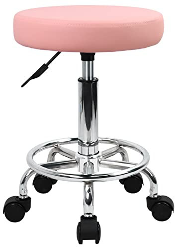 KKTONER Sgabello Rotondo con Ruote Regolabile, Sedia da Lavoro Imbottita con Cuscino in Pelle, Piccolo e Confortevole, per Casa, Parrucchiere, Ufficio, Studio Rose