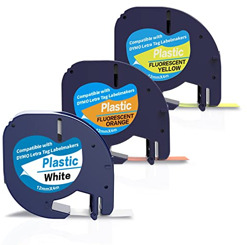 3 x Fluorescent Label Tape als Ersatz für Dymo letraTag Plastic Etikettenband Fluoreszierendes Orange Gelb Etiketten Kompatible für Dymo Letratag LT-110T 100H QX 50 XR XM 2000