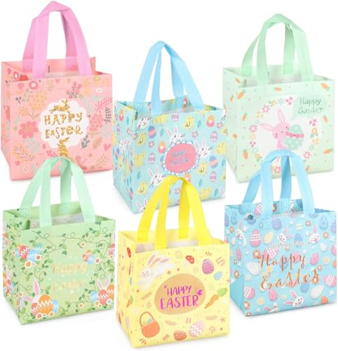 6 x Ostereiersuche-Taschen mit Griffen, Häschen Karotten Küken Ei Taschen, Oster Leckerei Taschen, multifunktionale Non-Woven Ostertaschen zum Verpacken von Geschenken, Eiersuche, Partyzubehör