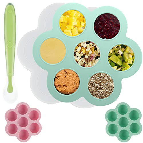 Bac a Glacons avec Couvercle Bebe ACTOYS 2 Pièces Petit Pot Conservation Bébé, Silicone Pot Conservation Bebe, Pot Conservation Bébé Sans BPA Congeler Les Purées De Bébé, 7 x 60ml (Vert-Rose)