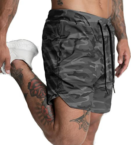XDSP Herren Sport Shorts Kurze Hose Schnell Trocknend Sporthose Schnelltrocknende Laufshorts Gym Trainingsshorts Kurze Schnell Trocknend Reißverschlusstasche, Camouflage Grau