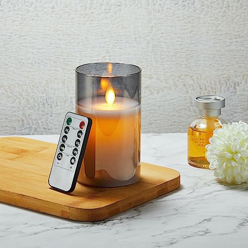 Koelaa LED Candle, Battery Candles, Silver Grey Glass Flameless Candles with Remote, Flickering, True Wax Candle with Timing Function for Christmas, Halloween, Festivals, Weddings Decoration-12.5cm