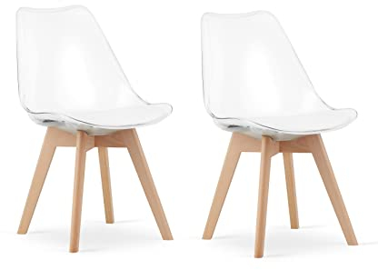 NMK HOME Esszimmerstühle 2er Set - Samt Stühle Esszimmer - Küchenstühle mit Sitzpolsterung und Natürlichen Holzbeinen - Transparent Kunststoff Stühle mit Holzgestell