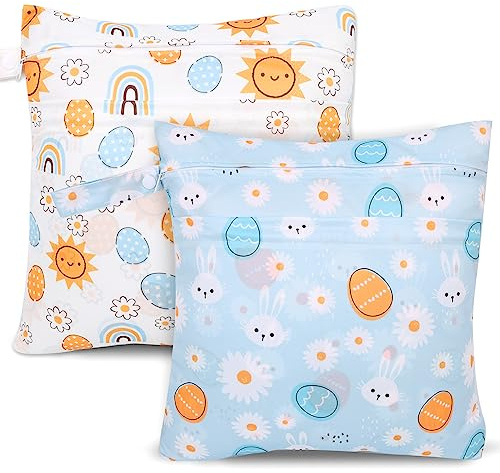 SANFERGE Lot de 2 sacs à couches en tissu imperméables réutilisables avec 2 poches à fermeture éclair et poignée - Sacs à linge lavables pour vêtements de bébé et d'adulte, voyage, plage, piscine,