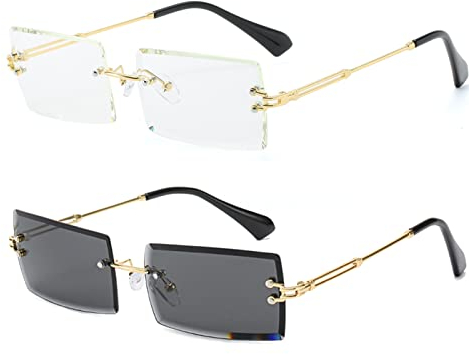 YUELUQU Retro Rahmenlose Sonnenbrille für Damen Herren Mode Retro Rechteck Brille Quadratische durchsichtige Sonnenbrille (B-transparent+schwarz)