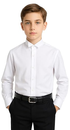 SIRRI Chemise de Smoking Coupe Slim pour garçon avec col Italien à Ailes - Mélange de Coton à Manches Longues en Blanc