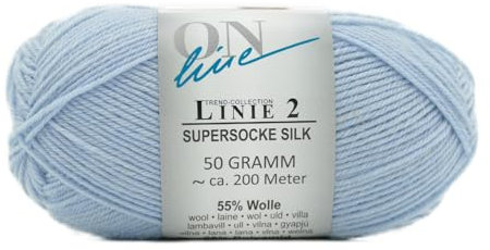 Online Garne Linie 2 Supersocke Silk | hellblaue Sockenwolle mit Seide und Merinowolle | Sockengarn 4fädig (4fach, 4ply) | 55% Wolle, 25% Polyamid, 20% Seide | Strumpfwolle 50g 200m (02 hellblau)