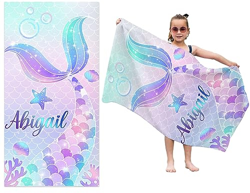 Ryoizen Personalisierte Strandtuch 160 x 80 cm Kinder Benutzerdefinierte Name Mikrofaser Badetuch Schnell Trocknend Strandlaken Handtuch Sandfrei Handtücher Sommer Leicht Stranddecke,Meerjungfrau