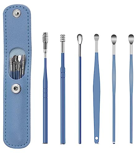 Ear Wax Removal Kit, 6 Pcs Stainless Steel Ear Spoon Ear Wax Cleaner,Reusable Ear Wax Remover Set With Leather Storage Case for Personal and Home Use Ear Cleaner Tools (blue)