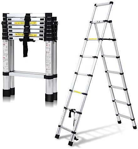 Cecaylie Teleskopleiter Klappleiter 2,0m+2,3m, 6 + 7 Stufen Aluleiter Mehrzweckleiter, Ausziehbar, Rutschfester Stehleiter, für Dachbodenleitern bis 150KG, Silber