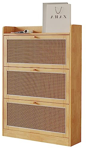 ZORZA Rattan-Schuhschrank mit 3 Klappen, Schuhkipper für 24 Paar, Natur Gummi-Holz, Kleiner Flur, Eingangsbereich, 63 x 24 x 120 cm, Vintage,Original Wood