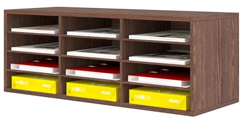 Senhoglb Wood Paper Storage Organiser for Desk, 12 Compartments Wooden File Sorter with Adjustable Shelves, Mail Sorter Organizer Countertop for Office, Home, School, Retro Brown