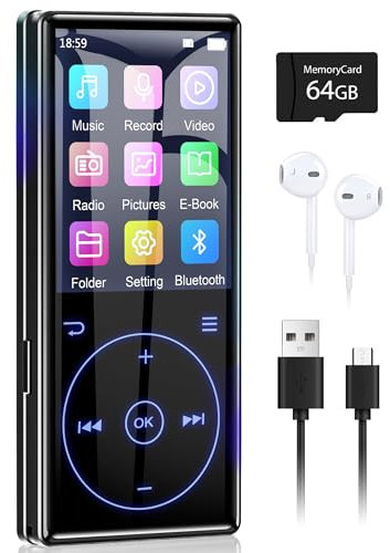 96GB MP3 Player with Bluetooth 5.0: Portable Lossless Sound Music Player with HD Speaker,2.4 Screen Voice Recorder,FM Radio,Touch Buttons,Support up to 64GB for Sport(Earphones&64GB TF Card Included)