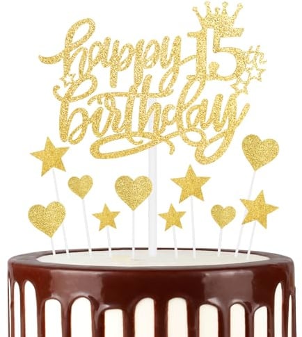 mciskin Gold Happy 15th Birthday Cake Toppers for Cake, Girls 15th Birthday Decorations,Personalised Cake Toppers for Girls,Glitter 15 Cake Topper Cupcake Topper for Party Cake Decoration