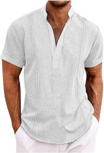 Linen Shirt for Men UK Short Sleeve Henley Shirt Classic Solid Cotton Linen Button Up Blouses Summer Loose Casual Cotton Linen Pullover Tops Comforty Breathable Office Business Tees