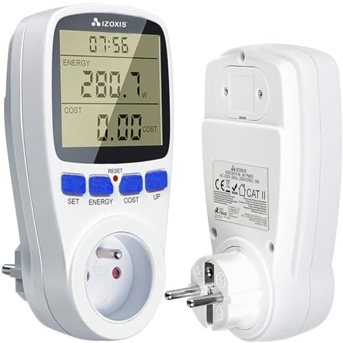 Izoxis Stromzähler für Steckdose mit Display 230 V 16 A Überlastsicherung 3680 W Energiekostenmessgerät Weiß 23576