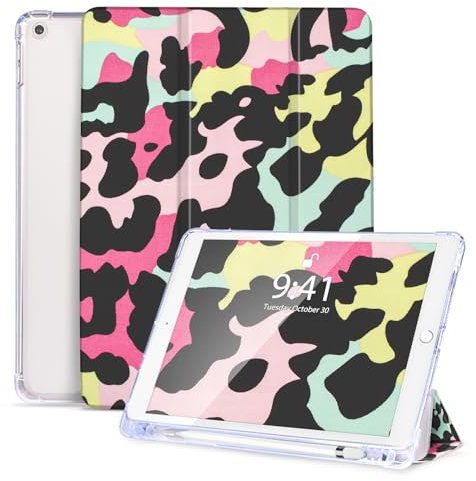 Vozehui Funda para iPad de 9ª/8ª/7ª generación, funda para iPad de 10.2 pulgadas con soporte para lápices, funda protectora con soporte triple para iPad 9ª, 2021/2020/2019, encendido y apagado