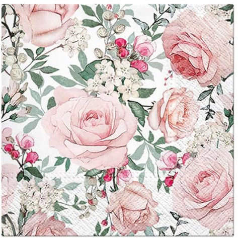 Homéa, Set de 20 Serviettes Papier 3 Plis 33 x 33 cm Roses Ecloses