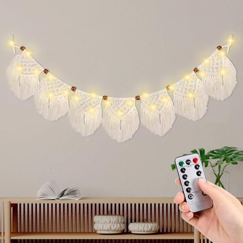 Kssvzz Boho Deko Makramee Wandbehang, Makramee Girlande mit 3M LED Lichterkette, Wandteppich Boho Chic Tapisserie, Handgewebt Fransengirlande Wanddeko für Balkon, Schlafzimmer, Wohnzimmer