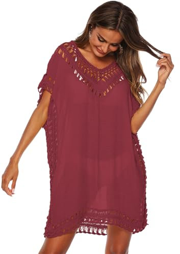 KANDEMY Damen Sommer Bikini Cover Up V-Ausschnitt Strand Poncho Strandkleid mit Cutout Crochet Sommer Kleider für Urlaub Rot XXL