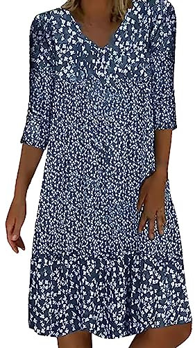 Sommerkleid Damen Leicht Midi Kleid V-Ausschnitt 3/4 Ärmel T-Shirt Kleider Swiss Dot Chiffonkleid Frauen Blusenkleid Boho Strandkleider Vintage Lose Freizeitkleider Dress