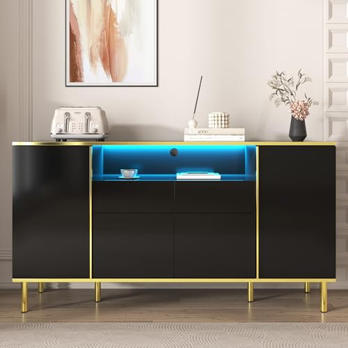 Buffet Blanc Brillant avec éClairage LED, Armoire à 2 Tiroirs, Commode, 4 Portes Et Un Compartiment Spacieux, Accents DoréS pour Chambre à Coucher, 150 X 40 X 80 cm, Noir