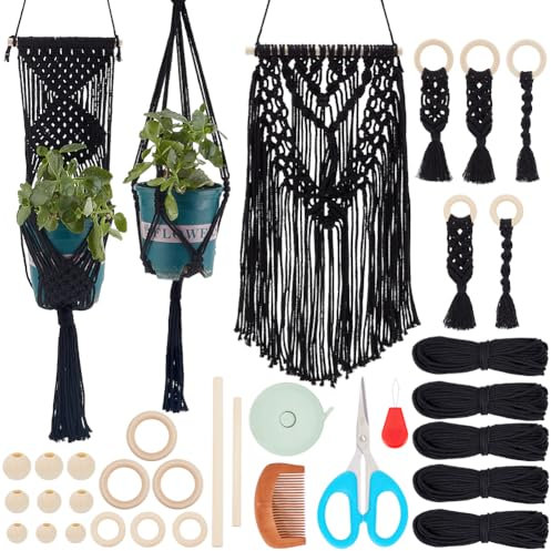IFNUNLY 8 Set Schwarzes DIY Makramee Set Für Anfänger Makramee Starter Bastelset Makramee Wandbehang Ornament DIY Makramee Pflanzenaufhänger Set Makramee Schlüsselanhänger Set Mit Anleitung Geburtstag